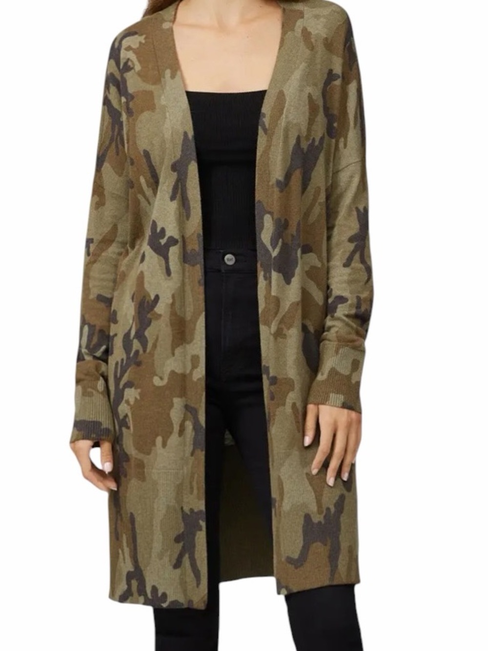 Sanctuary Olive Green Camo Print Open-Front Long "Lenox" Cardigan Sweater M
